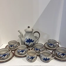 Vintage Otagiri Style Stoneware Blue And Brown 15 Piece Tea/Coffee Set