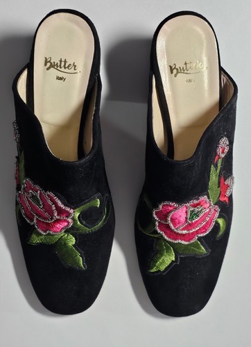 Mules Butter para mujer talla 8,5 negro gamuza rosa apliques tacón bloque hecho en Italia - Imagen 3 de 11