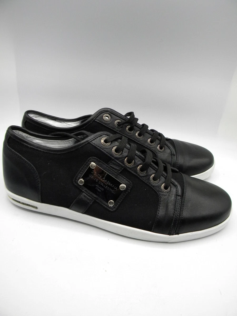Dolce Gabbana Men s Black Leather Canvas Sneakers Logo Size 45
