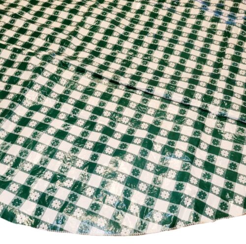 VTG Zipper Umbrella Round Vinyl Tablecloth 68" Cover Green White Gingham Floral - Picture 1 of 9