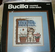 New Cat Cross Stitch Kit Kitten in the Window Flowers Baskets 9" x 10"  EEEE -9
