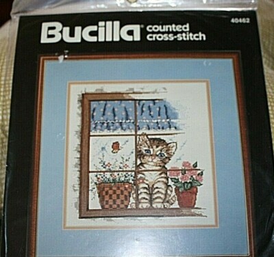 New Cat Cross Stitch Kit Kitten in the Window Flowers Baskets 9'' x 10''   EEEE -=