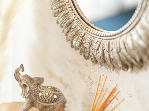 Distressed Silver Feathered Mirror Large Round Sunburst Wall Hanging Decoration - Picture 24 of 24