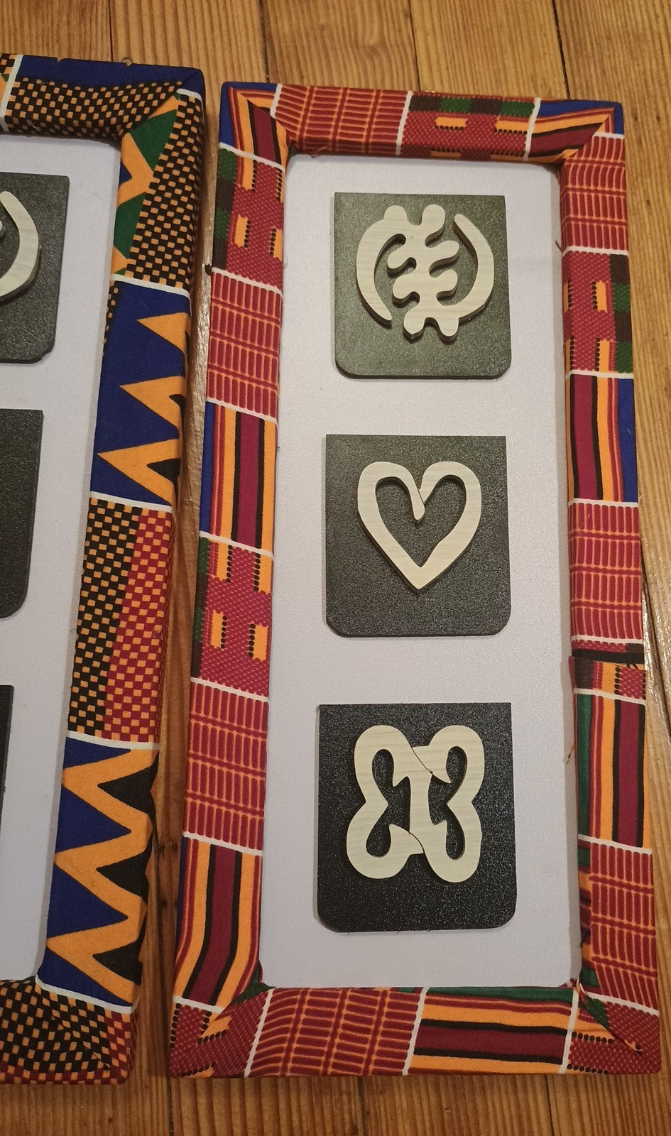 Vtg PAIR Hand carved Kente African Ghana Adinkra Symbols Decor Fabric Frames