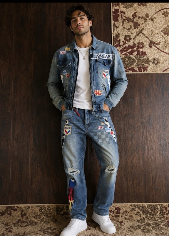Men’s Denim Streetwear Patch Graffiti Outfit Sz M 32 Jeans