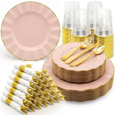Glowserve 350 PCS Scalloped Plastic Plates Dinnerware Set for 50 guests  100...