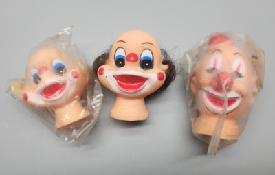 3 Fibre-Craft Clown Doll Heads 3 1/4 in Vinyl Rooted Hair NOS Vintage