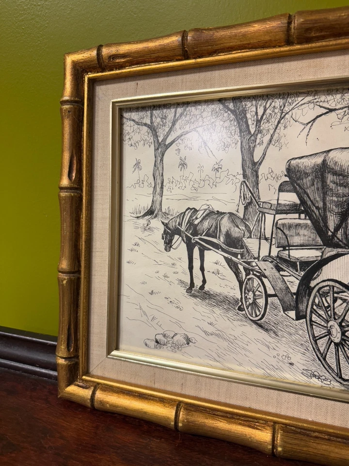 Vintage Horse Carriage Drawing Signed E Vidal Gold Wood Bamboo Style Gold Frame - Image 3 of 4