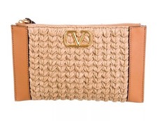 Valentino Garavani Vlogo Raffia & Leather Flat Wristlet Pouch Clutch