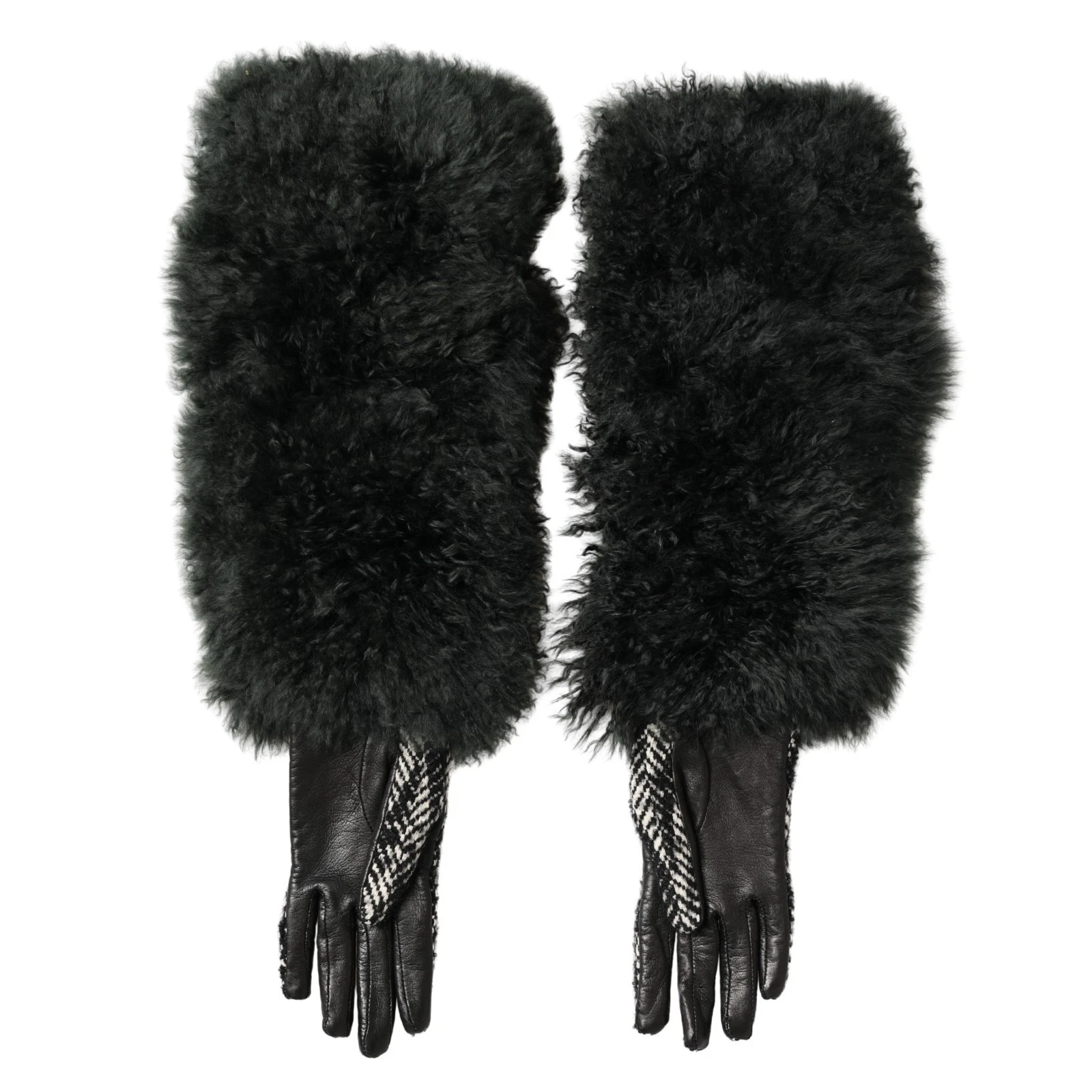 DOLCE & GABBANA Gloves Black Fur Genuine Leather Elbow Length 7.5 / M 1870usd