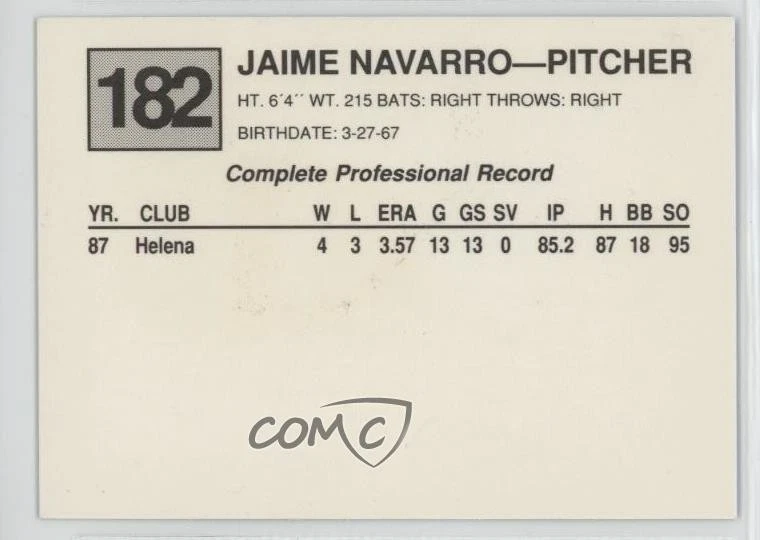 1988 Cal League Jaime Navarro #182 - Image 2 of 2