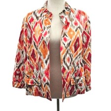 Chico's Red Orange Ikat Diamond Print Open Front Jacket Mandarin Collar