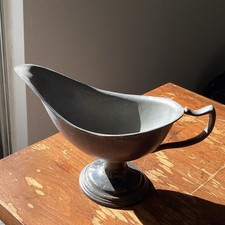 Silver Metal Gravy Boat, Matte Finish, Oval, Handle, Pedestal Base,  10 oz