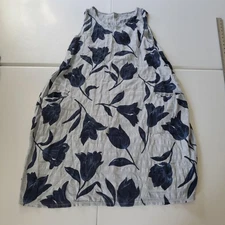 Floral Tulip Dress Womens Large Gray Navy Sleeveless A-Line Lagenlook Cotton