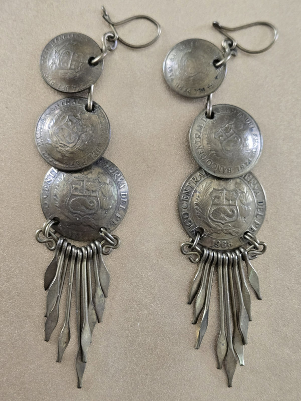 Vintage 70s Peruvian Coin Earrings - Dangle Drop Brass Coins with Dangle Fans