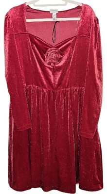 ava & viv Red Velvet Rose Ruched Knee Length Dress Puff Sleeve XXL