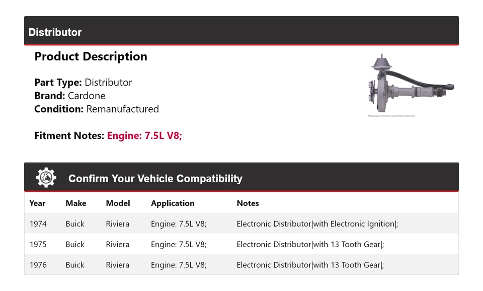 Para Buick Riviera 1974-1976 7,5 L V8 distribuidor Cardone 1975 Foto 2 de 4
