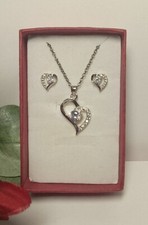 Sterling Silver 925 Heart Pendant Necklace And Earrings Set