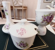 D. Porthault Giraud Limoges Bud Vase, Egg cup and Lidded Jam Pot; made in France