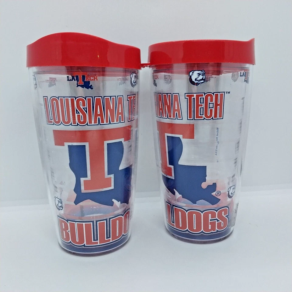 Louisiana Tech 16 OZ Vaso Vintage Wincraft Lote de 2 con Tapa Hecho en EE. UU. Foto 2 de 4