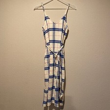 Old Navy Plaid Picnic Dress XS Blue White Pink Midi Belted Spaghetti Strap