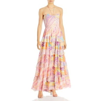 Rococo Sand Ladies Peach & Lilac Rainbow Swirl Ruffle Maxi Dress, Size M, NWT!