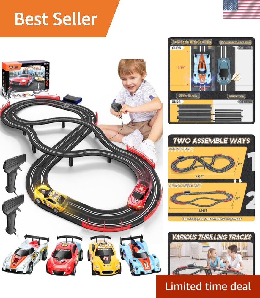 Electric Slot Car Racing Track Set for Kids - 1:43 Scale Cars with Dual Racing