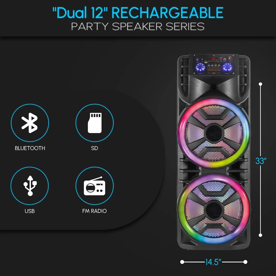 Dual 12" Bluetooth Speaker LOUD Subwoofer Heavy Bass Sound System Party & Mic - Image 2 of 4