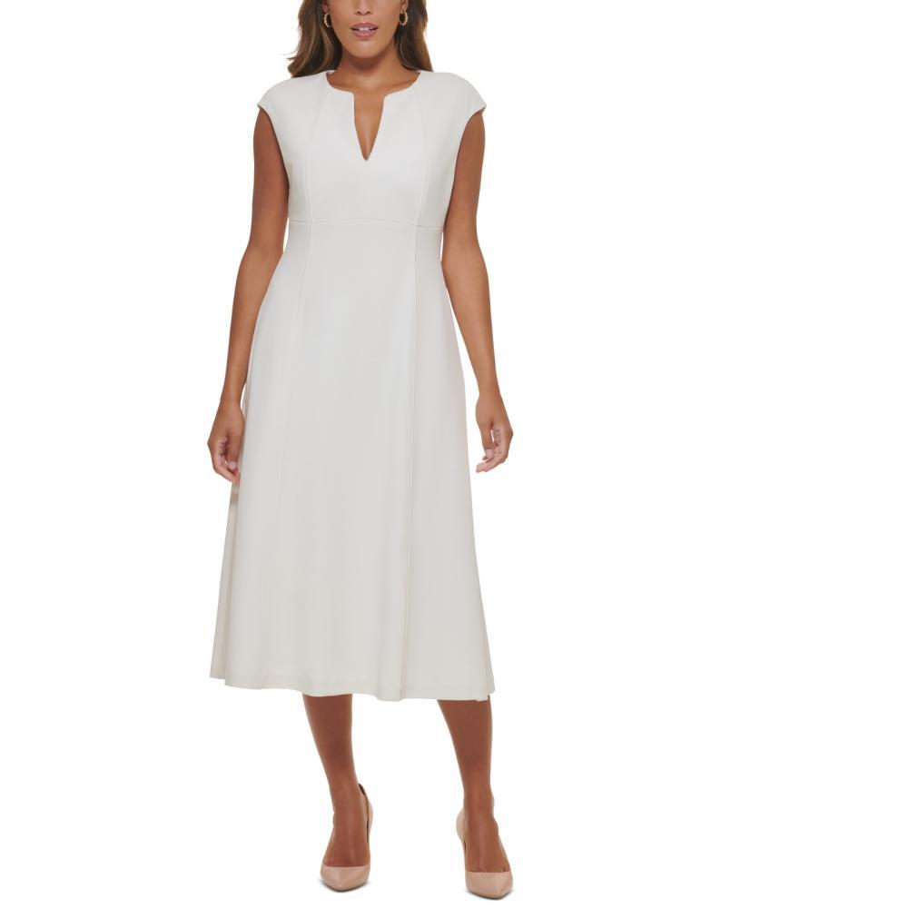Calvin Klein Women A-Line Midi Dress Short Sleeve  Solid V-Neck Cap Sleeve A6727