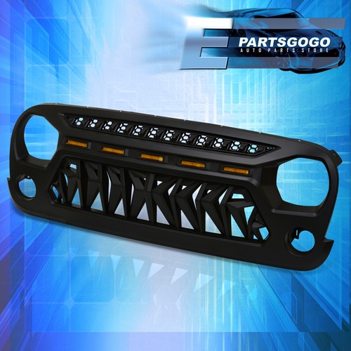 For 07-18 Jeep Wrangler JK JKU Shark Grille Bumper Grill w/ Amber LED DRL Lights - Picture 3 of 4