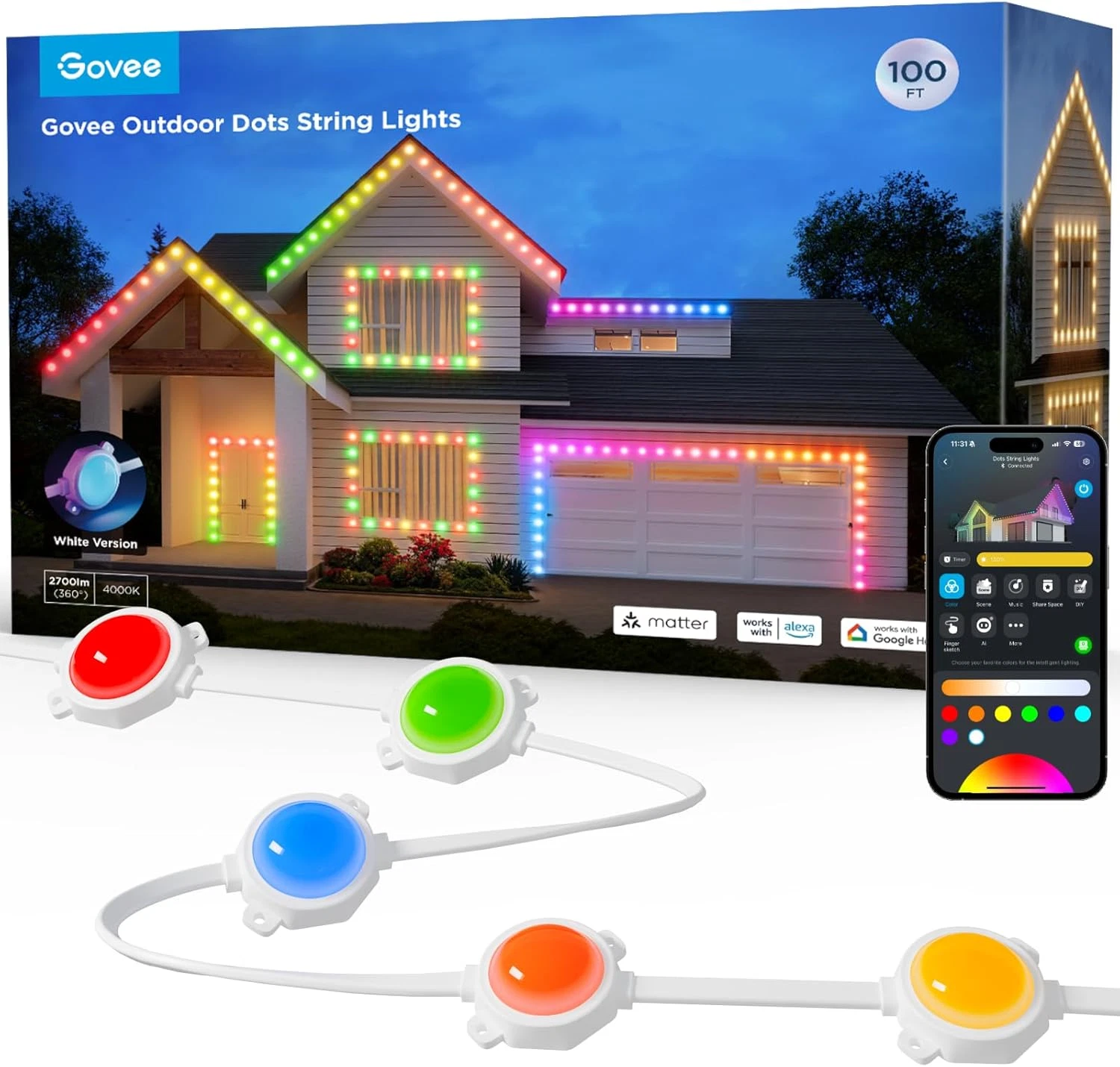Outdoor Dots String Lights, Connected 2 Ropes of 50Ft(100Ft) Christmas Lights Ou