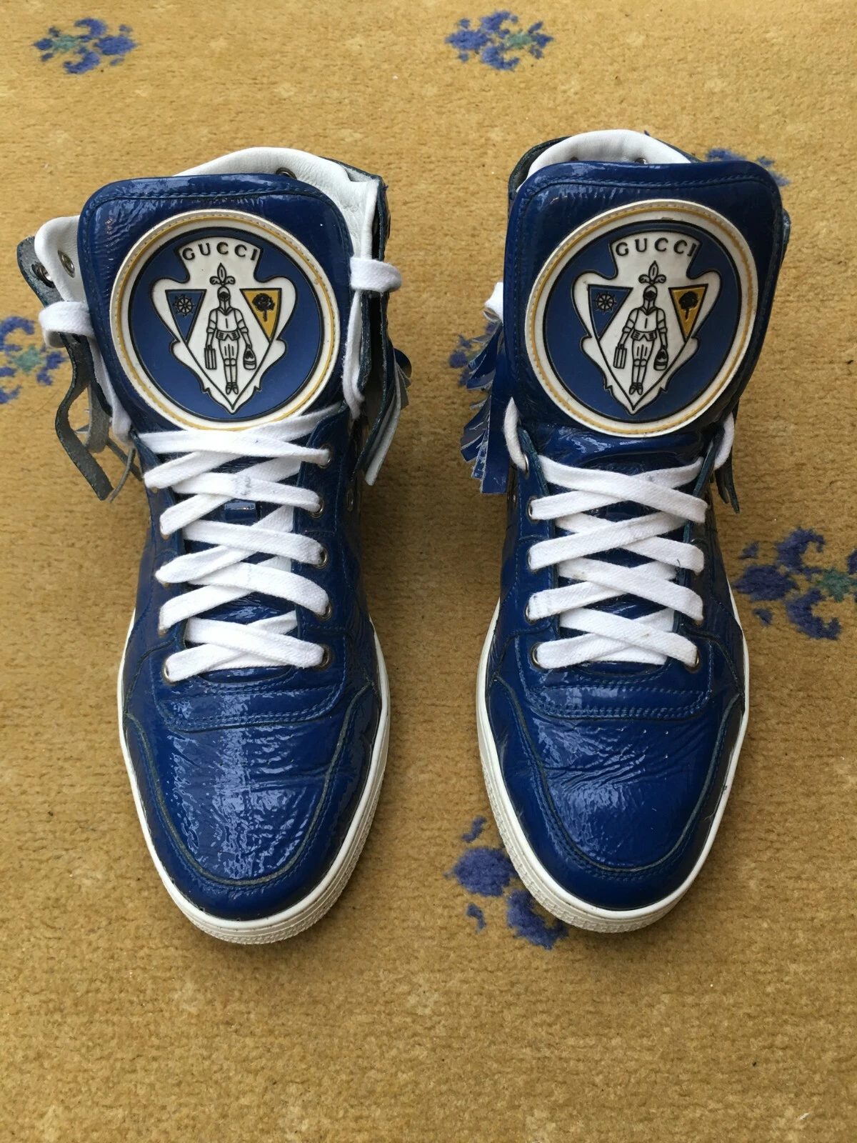 Gucci Baskets Baskets Haut Chaussures Cuir UK 7 US 8 41 Homme Bleu Cimier Frange