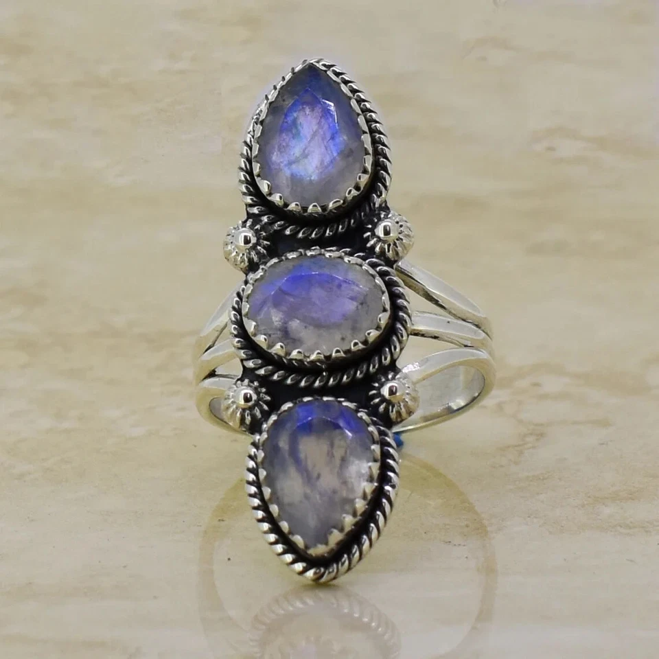 Anillo Arco Iris Piedra Lunar Triple Piedra Anillo Plata Esterlina 925 Anillo Promesa Regalo Foto 4 de 4