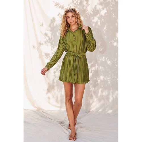 Elegant Pleated Long Sleeve Mini Dress with Belt Olive Green Button Down Casual