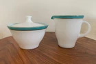 Vintage PYREX Milk Glass Turquoise Gold Band Creamer and Sugar Dish Set