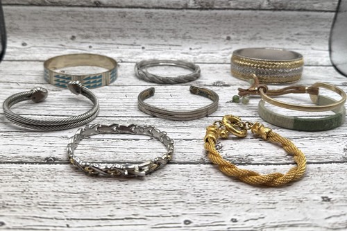 Vintage Silver and Gold Tone Metal Bracelets- Lot of 8- Cuff, Bangle and Chain
