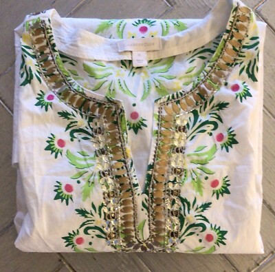 NWOT-CHARTER CLUB-Cotton-White-Tropical-Floral-Pineapple-Gold-Sequin-Bead-XL-NEW
