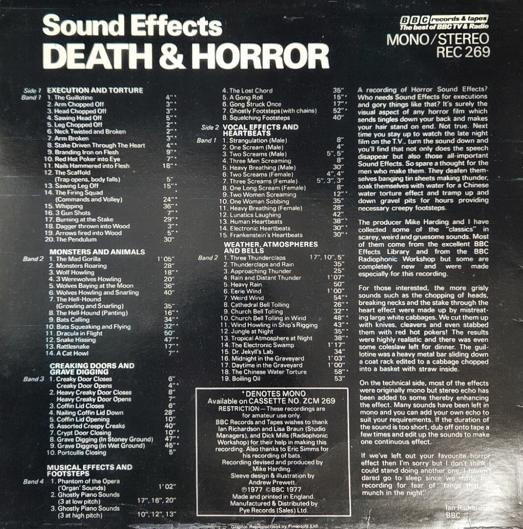 SOUND EFFECTS DEATH & HORROR by BBC Records Vol. 13 1977 Vinyl Record