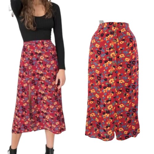 Other Stories Rock Blumen rot Midi vorne Knöpfe hohe Taille Seitenschlitz EU36 UK8