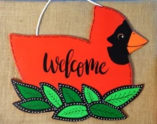 Welcome Cardinal SIGN Wall Art  Door Plaque Seasonal Hanger