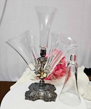 RARE Vtg Victorian Art Deco 5 Cone Flute Glass Vase Silverplate Base- READ READ