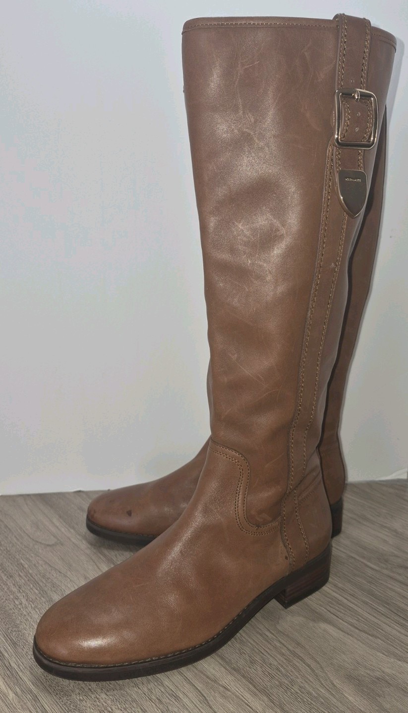 Coach Womens 8.5 Brown Leather Riding Boots Side Zip Buckle Knee High * read