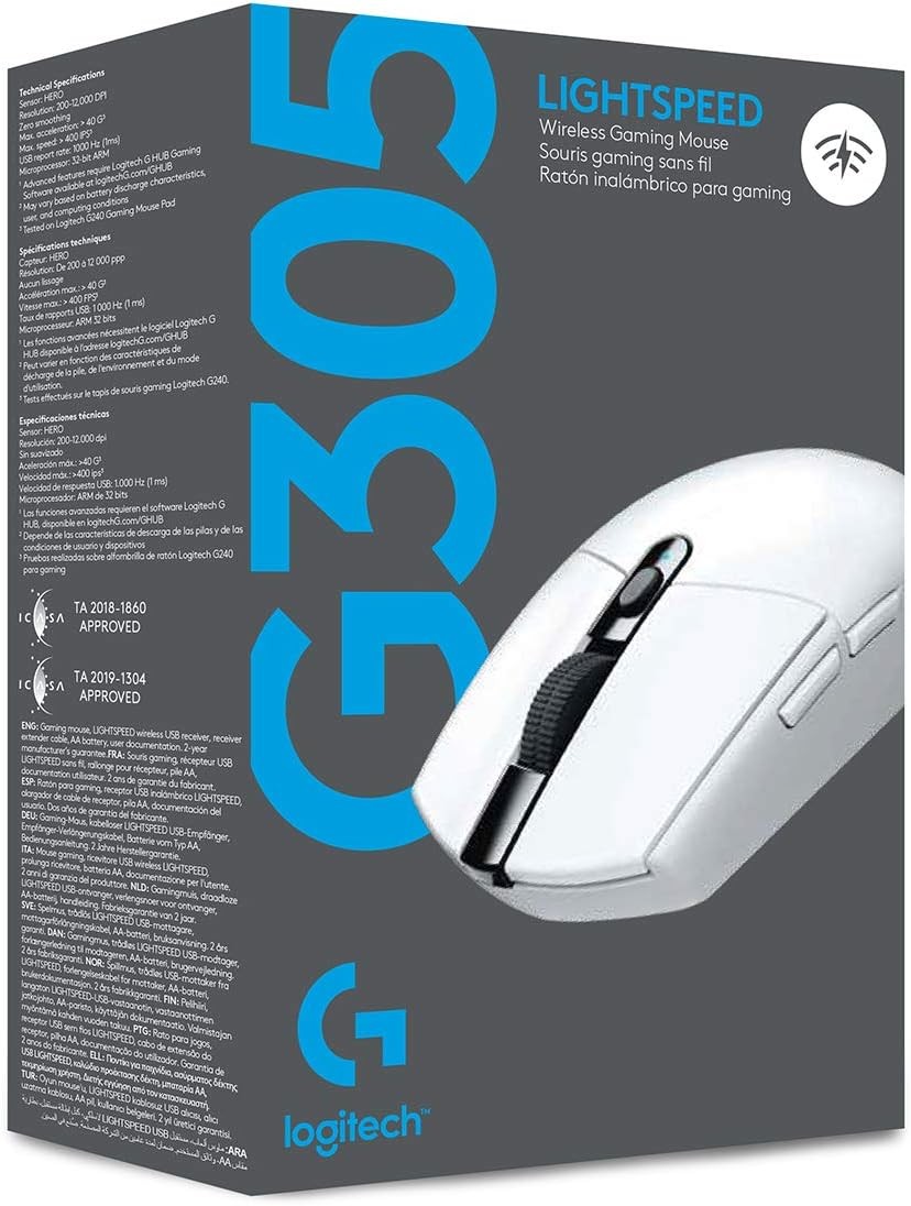 Logitech G305 LIGHTSPEED Wireless Gaming Mouse, HERO 12K Sensor, 12k DPI, White