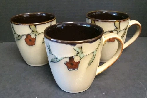 Set of 3 Gourmet Basics Mikasa Desert Bloom Coffee Mug Cup Tan With Red Flower