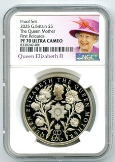 2025 5£ GRAN BRETAGNA PROOF NGC PF70 UCAM LA REGINA MADRE PRIME USCITE