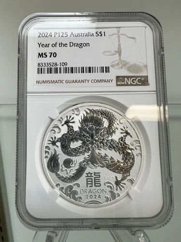 2024 Australia Silver Lunar Year of the Dragon .9999 Fine 1 oz $1 Coin NGC MS70