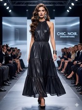 Simply Vera Vera Wang Black Ruffle Maxi Gown Sleeveless High Neck XS