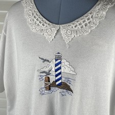 Vtg Lighthouse Shirt Womens XXL Gloria Made In USA Lace Collar Embroidered White