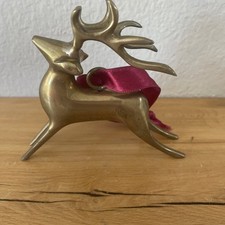Pottery Barn Solid Brass Reindeer Christmas Ornament w Red Ribbon