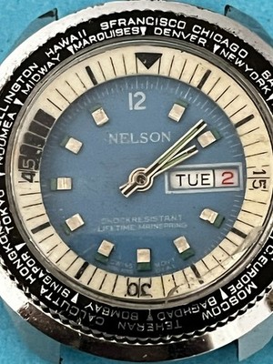 Lord Nelson World Time Day Date Blue Dial 40mm Vintage Watch